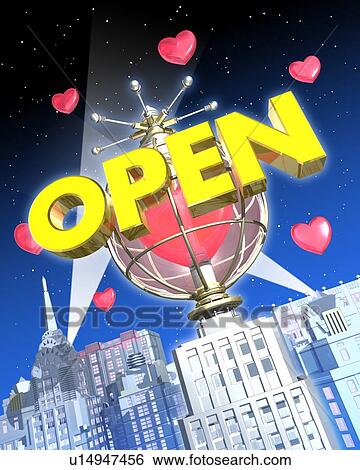Stock Photograph - Objects spelling "OPEN" in city. Fotosearch