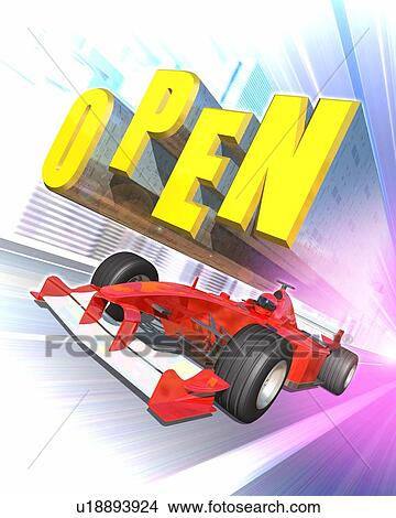 Picture - Racing car and word of "OPEN" in city. Fotosearch