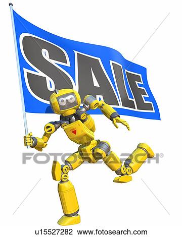 Robot holding a flag printed "SALE" View Large Photo Image Stock Image - Robot holding a flag printed "SALE". Fotosearch