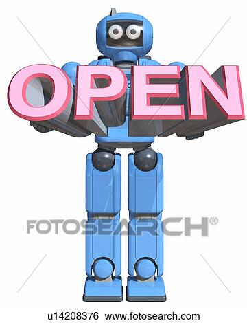 Robot holding word "OPEN" View Large Photo Image Stock Photograph - Robot holding word "OPEN". Fotosearch