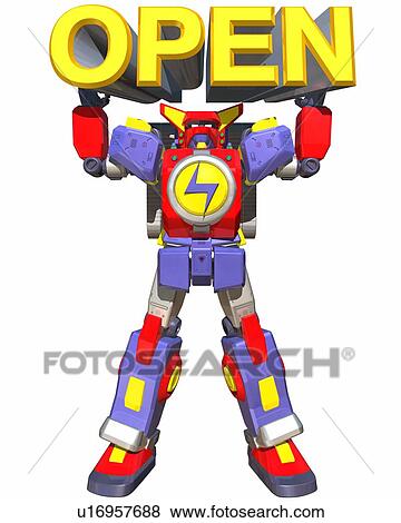 Robot lifting word "OPEN" up higher than head View Large Photo Image Stock Photo - Robot lifting word "OPEN" up higher than head. Fotosearch