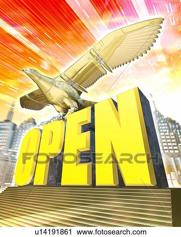 Robot of bird stopping on word of "OPEN" View Large Photo Image Stock Image - Robot of bird stopping on word of "OPEN". Fotosearch
