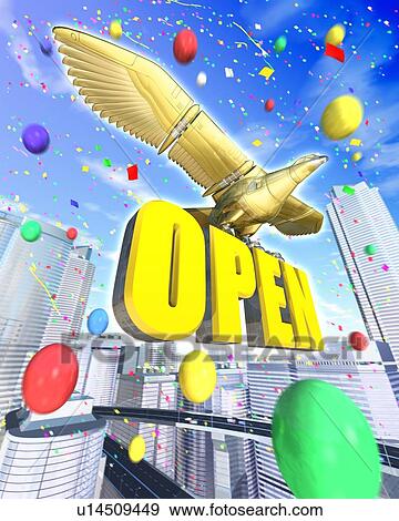 Stock Photo - Robot of bird stopping on word of "OPEN". Fotosearch