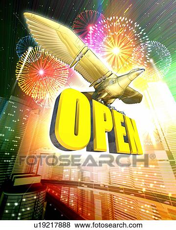 Robot of bird stopping on word of "OPEN" View Large Photo Image Stock Photo - Robot of bird stopping on word of "OPEN". Fotosearch
