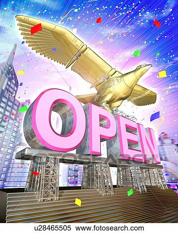 Robot of bird stopping on word of "OPEN" View Large Photo Image Stock Photography - Robot of bird stopping on word of "OPEN". Fotosearch