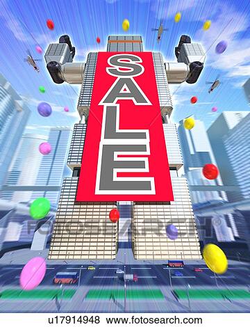 Stock Photo - Robot putting board printed "SALE" on front. Fotosearch