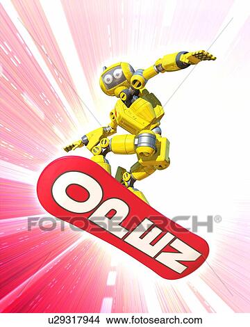 Robot stepping into snowboard printed "OPEN" on sole View Large Photo Image Picture - Robot stepping into snowboard printed "OPEN" on sole. Fotosearch