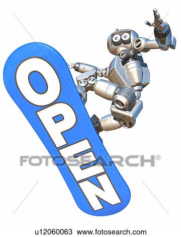 Robot stepping into snowboard printed "OPEN" on sole View Large Photo Image Stock Image - Robot stepping into snowboard printed "OPEN" on sole. Fotosearch