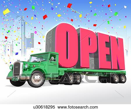 Truck carrying word of "OPEN" View Large Photo Image Stock Photography - Truck carrying word of "OPEN". Fotosearch