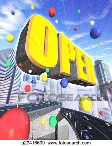 Word of "OPEN" and balloons floating in business area View Large Photo Image Stock Photo - Word of "OPEN" and balloons floating in business area. Fotosearch