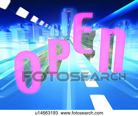 Stock Image - Word of "OPEN" floating above driveway. Fotosearch