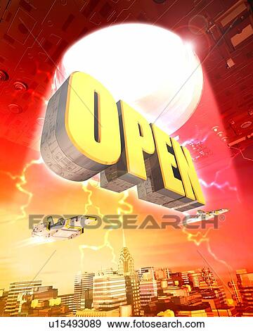 Word of "OPEN" in the air shot into the limelight from hole View Large Photo Image Stock Photo - Word of "OPEN" in the air shot into the limelight from hole. Fotosearch