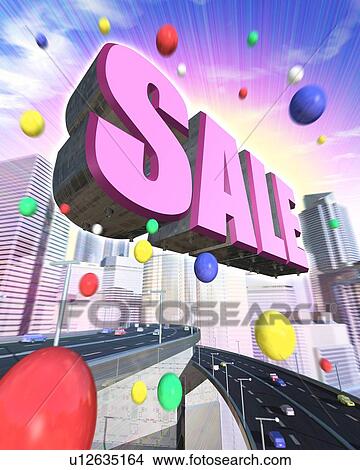 Word of "SALE" and balloons floating in business area View Large Photo Image Picture - Word of "SALE" and balloons floating in business area. Fotosearch