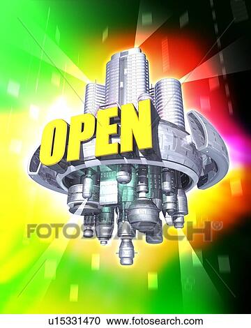 Word "OPEN" and buildings View Large Photo Image Stock Image - Word "OPEN" and buildings. Fotosearch