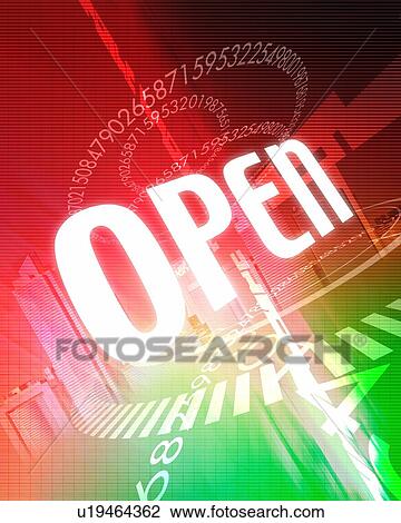 Stock Image - Word "OPEN" and helix of numbers in city . Fotosearch