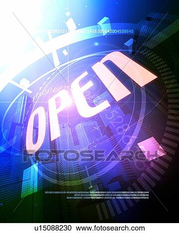 Stock Image - Word "OPEN" and numbers in city . Fotosearch