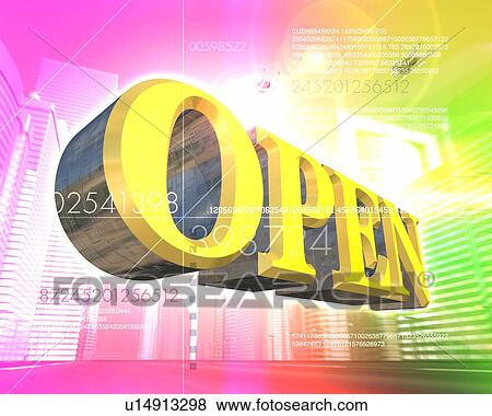 Stock Photo - Word "OPEN" and numbers in city . Fotosearch