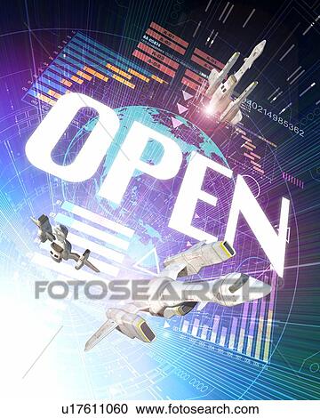 Stock Image - Word "OPEN" and space plane. Fotosearch