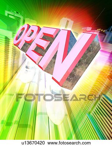 Word "OPEN" floating in city View Large Photo Image Stock Image - Word "OPEN" floating in city. Fotosearch