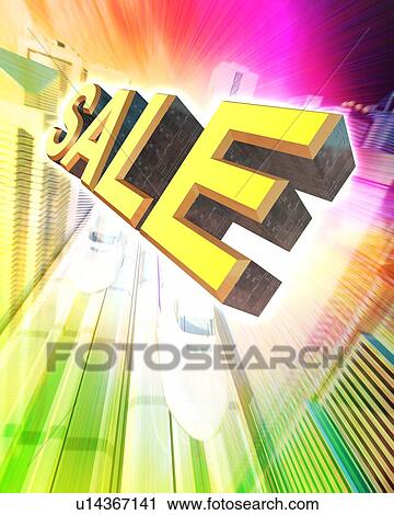 Stock Image - Word "SALE" floating in city. Fotosearch