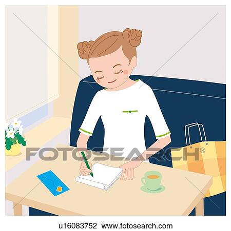 女 だれか 書く A 手紙 Illustrative 技術 スケッチ U Fotosearch