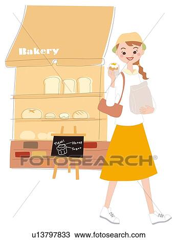 Shopping in the Bakery, Illustrative Technique View Large Illustration Drawing - Shopping in the Bakery, Illustrative Technique. Fotosearch