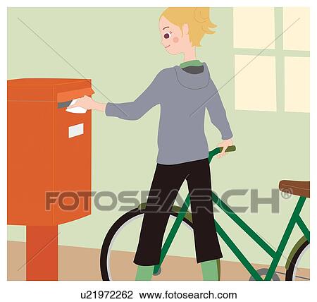 Drawing - Woman Who Drops a Letter into a Post Box, Illustrative Technique. Fotosearch