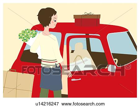 Woman Who Drops off the Baggage from a Car, Illustrative Technique View Large Illustration Stock Illustration - Woman Who Drops off the Baggage from a Car, Illustrative Technique. Fotosearch