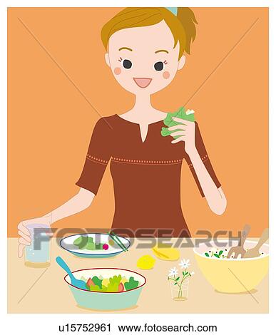 Clip Art - Woman Who Has a Meal, Illustrative Technique. Fotosearch