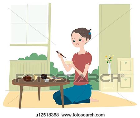 Stock Illustration - Woman Who Has a Meal, Illustrative Technique. Fotosearch