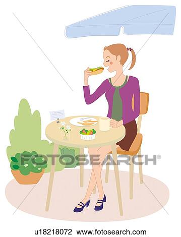 Woman Who Has a Meal in the Cafe, Illustrative Technique View Large Illustration Drawing - Woman Who Has a Meal in the Cafe, Illustrative Technique. Fotosearch