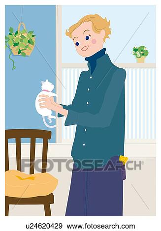 Stock Illustration - Woman Who is Holding a Cat in her Arms, Illustrative Technique. Fotosearch