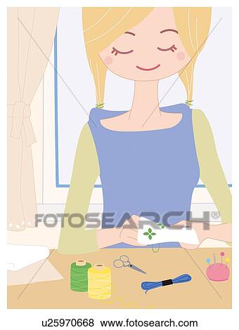 Stock Illustration - Woman Who is Sewing, Illustrative Technique . Fotosearch