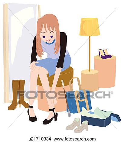 Stock Illustration - Woman Who is Trying on the Shoe, Illustrative Technique. Fotosearch