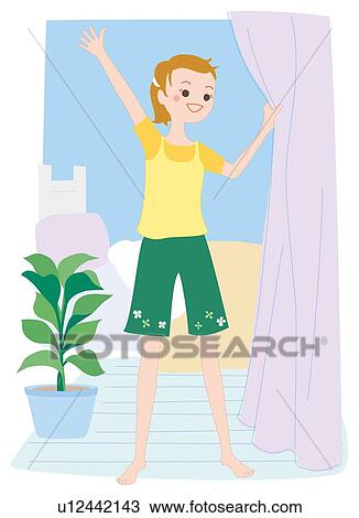 Woman Who Opens the Cartain, Illustrative Technique View Large Illustration Drawing - Woman Who Opens the Cartain, Illustrative Technique. Fotosearch