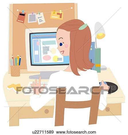 Stock Illustration - Woman Who Operates the Personal Computer, Illustrative Technique. Fotosearch