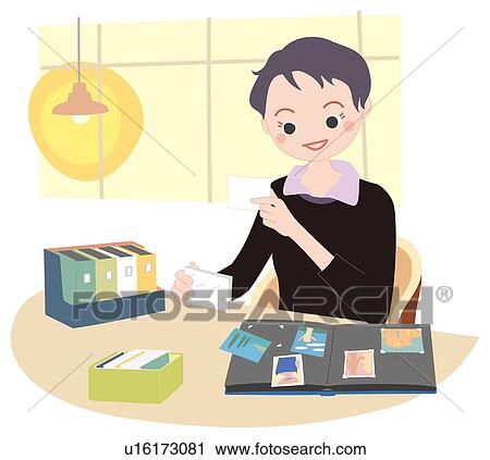 Clip Art - Woman Who Organizes an Album, Illustrative Technique. Fotosearch