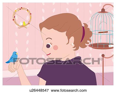 Stock Illustration - Woman Who Plays with a Bird, Illustrative Technique. Fotosearch