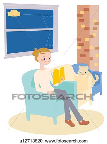 Clipart - Woman Who Reads a Book, Illustrative Technique. Fotosearch