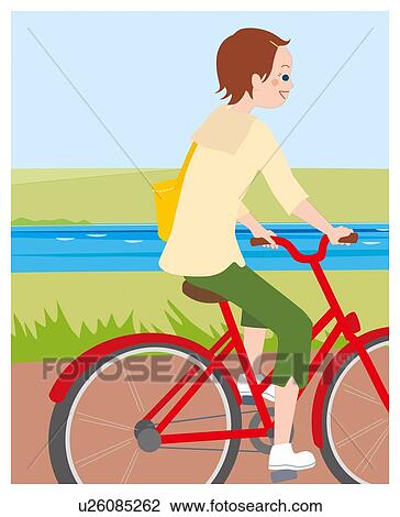 Woman Who Rides Her Bicycle Along a River, Illustrative Technique View Large Illustration Drawing - Woman Who Rides Her Bicycle Along a River, Illustrative Technique. Fotosearch