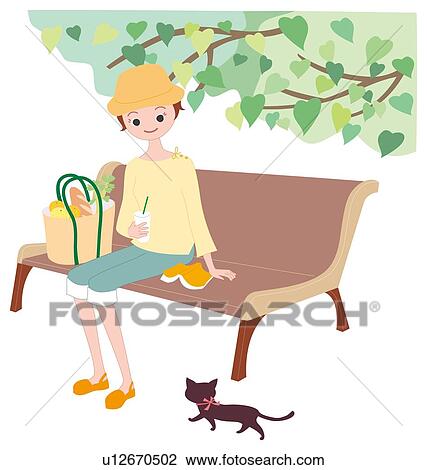 Drawing - Woman Who Sits Down the Bench, Illustrative Technique. Fotosearch
