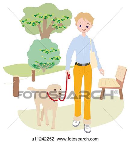Drawing - Woman Who Takes a Walk With a Dog, Illustrative Technique. Fotosearch