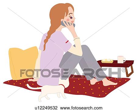 Drawing - Woman Who Talks for a Long Time on the Phone, Illustrative Technique. Fotosearch