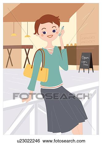 Stock Illustration - Woman Who Talks on the Mobile Phone, Illustrative Technique. Fotosearch