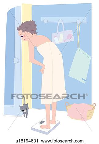 Woman Who Weigh herself on the Bathroom Scale, Illustrative Technique View Large Illustration Clip Art - Woman Who Weigh herself on the Bathroom Scale, Illustrative Technique. Fotosearch