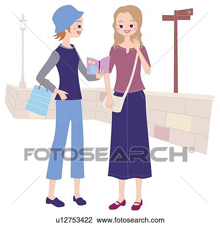 Drawing - Women Who Look at the Guide Book, Illustrative Technique. Fotosearch
