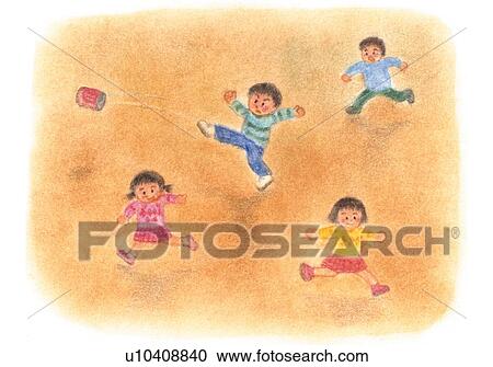 子供たちが遊ぶ かくれんぼ イラスト ストックイメージ U Fotosearch
