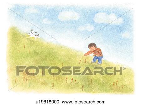 Stock Image - Boy found horsetails, Illustration . Fotosearch