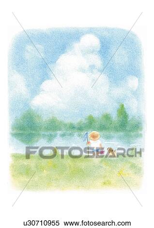 Stock Photography - Boy playing with puppy, Illustration. Fotosearch