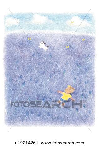 Stock Image - Boy playing with puppy in lavender field, Illustration. Fotosearch